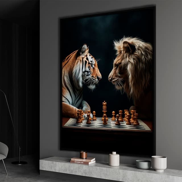 Quadro Decorativo Leão e tigre jogando Xadrez