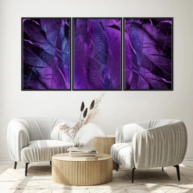 Kit Quadros Decorativos Penas Roxas