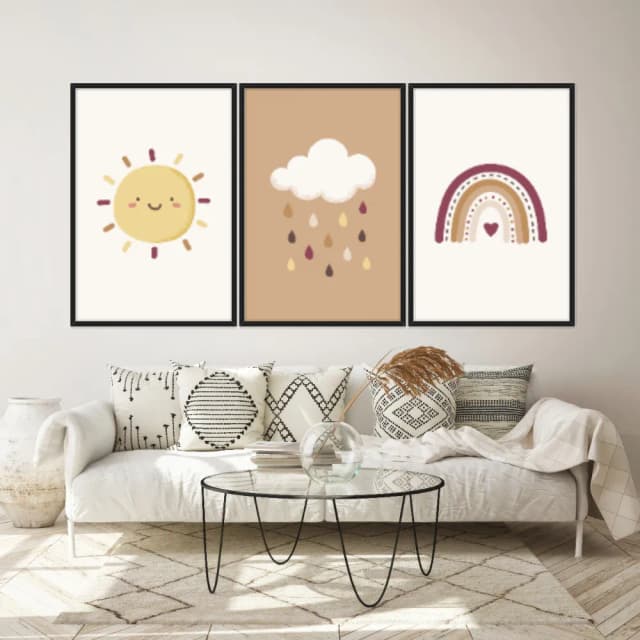 Kit Quadros Decorativos Nuvem Sol E Arco Íris