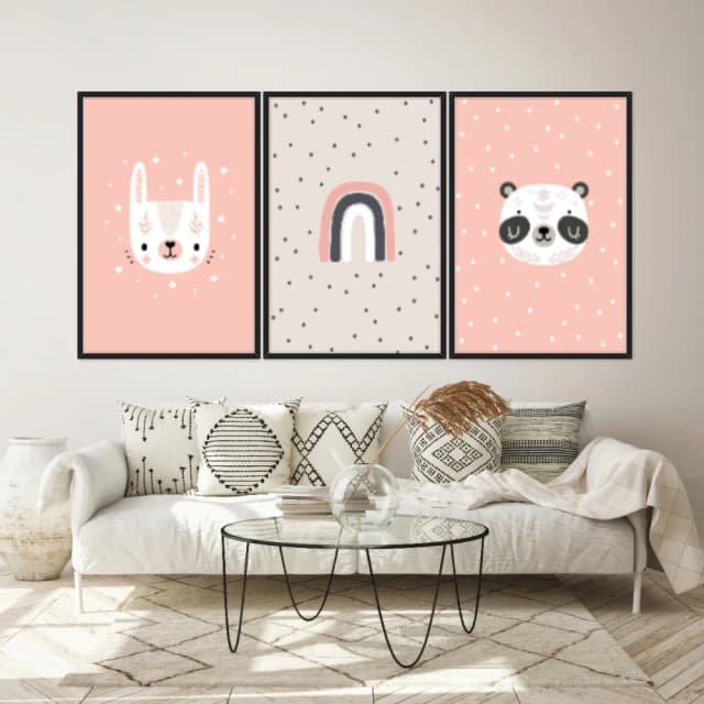 Kit Quadros Decorativos Panda E Arco Íris