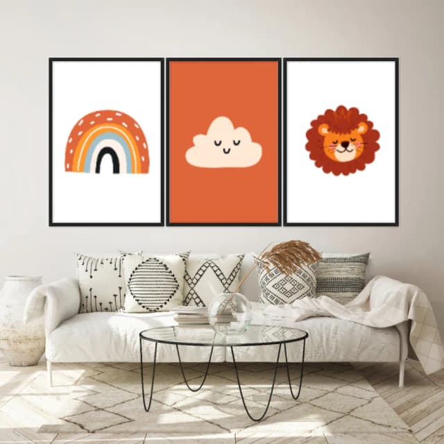 Kit Quadros Decorativos Leão Nuvem E Arco Íris