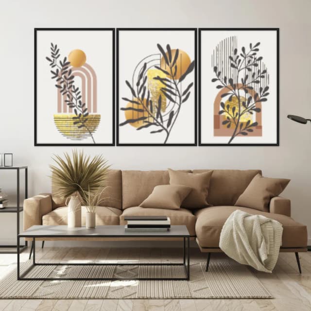 Kit Quadros Decorativos Planta Abstrata Dourada