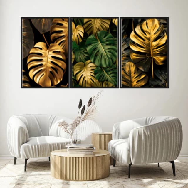 Kit Quadros Decorativos Costela De Adão Dourada