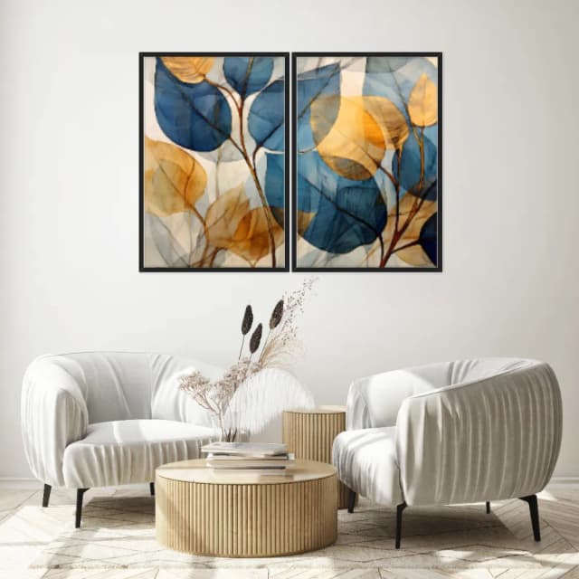 Kit Quadros Decorativos Folhas Amarelo E Azul